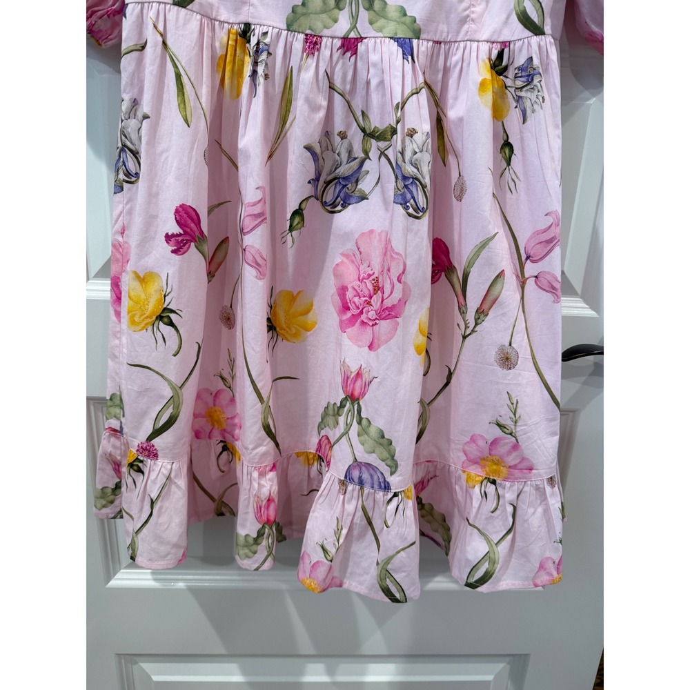 Beyond by Vera Pink Floral Cotton Puff Sleeve Mini Dress Square Neck Small - Picture 7 of 12